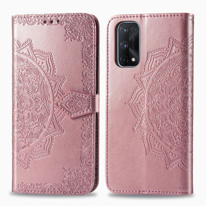Embossed mandala flip phone wallet case with magnetic clasp and camera cutout, rose pink