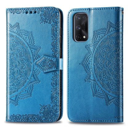 Embossed mandala flip phone wallet case with magnetic clasp and camera cutout, blue