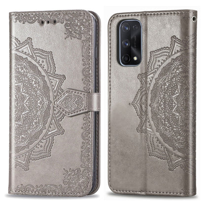 Embossed mandala flip phone wallet case with magnetic clasp and camera cutout, metallic silver