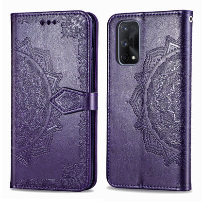 Embossed mandala flip phone wallet case with magnetic clasp and camera cutout, purple