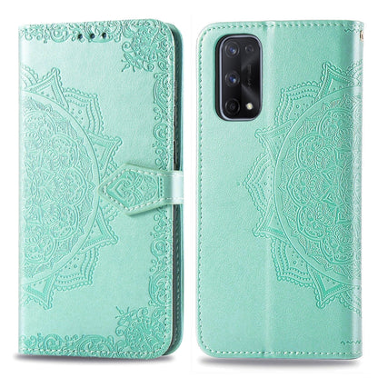 Embossed mandala flip phone wallet case with magnetic clasp and camera cutout, mint green