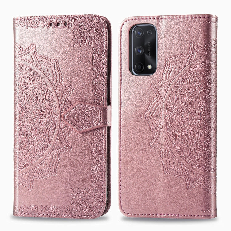 Rose gold mandala embossed flip phone wallet case with magnetic strap and card slots
