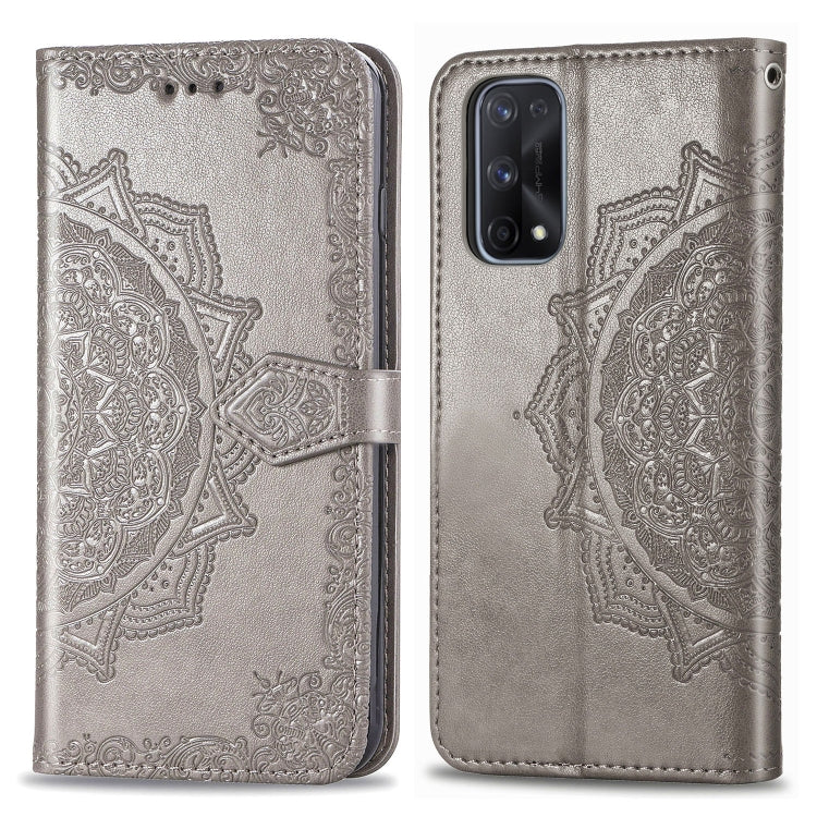 Gray mandala embossed flip phone wallet case with magnetic strap and card slots