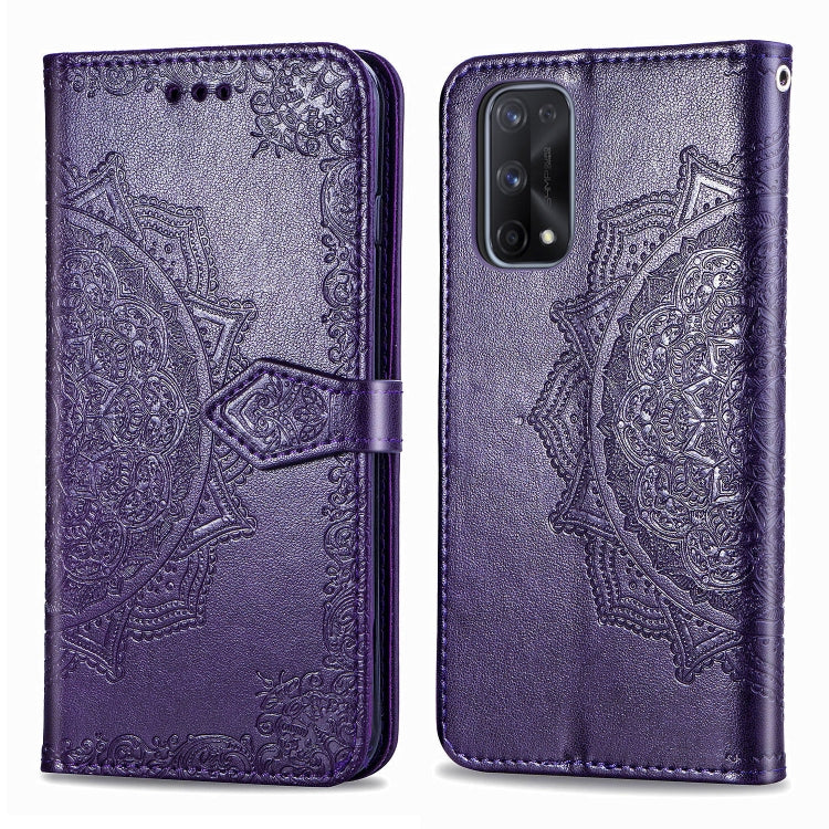 Purple mandala embossed flip phone wallet case with magnetic strap and card slots