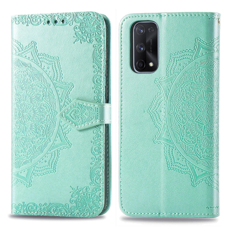 Green mandala embossed flip phone wallet case with magnetic strap and card slots