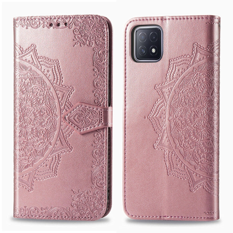 Rose gold mandala embossed flip phone wallet case with magnetic strap and rear camera cutout