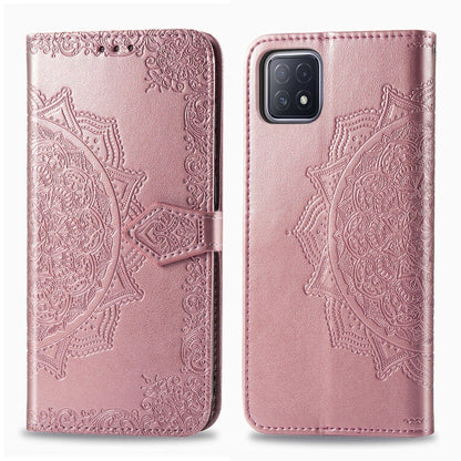 Rose gold mandala embossed flip phone wallet case with magnetic strap and rear camera cutout