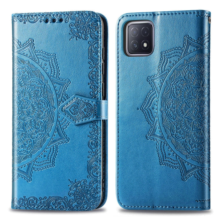 Blue mandala embossed flip phone wallet case with magnetic strap and rear camera cutout
