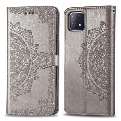 Gray mandala embossed flip phone wallet case with magnetic strap and rear camera cutout