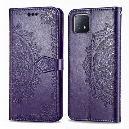 Embossed mandala wallet phone case with card slots, purple flip design, magnetic strap