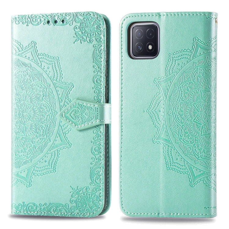 Embossed mandala wallet phone case with card slots, teal flip design, magnetic strap
