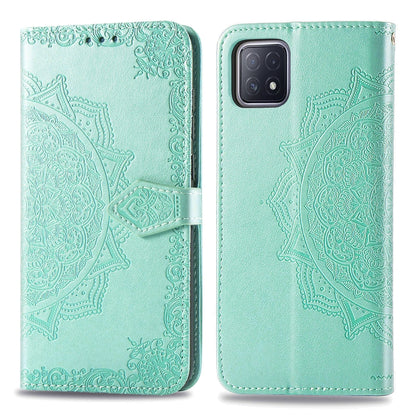 Embossed mandala wallet phone case with card slots, teal flip design, magnetic strap