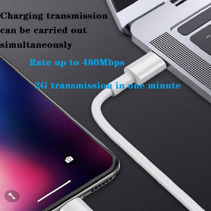 White USB-C cable connected to a laptop for charging and fast data