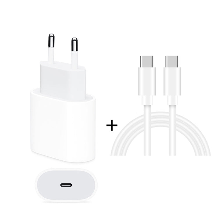 White EU plug travel charger with USB-C port and white USB-C to USB-C cable