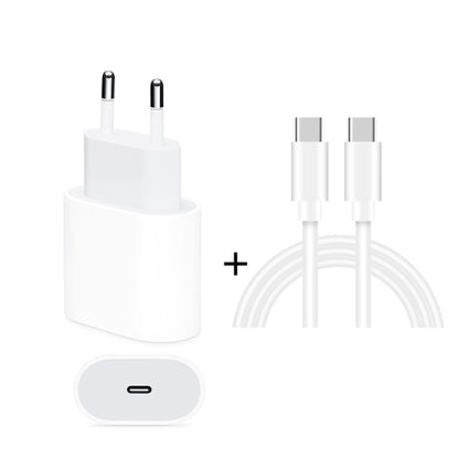 White EU plug travel charger with USB-C port and white USB-C to USB-C cable