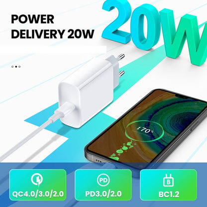 White 20W USB-C PD charger with cable charging a smartphone