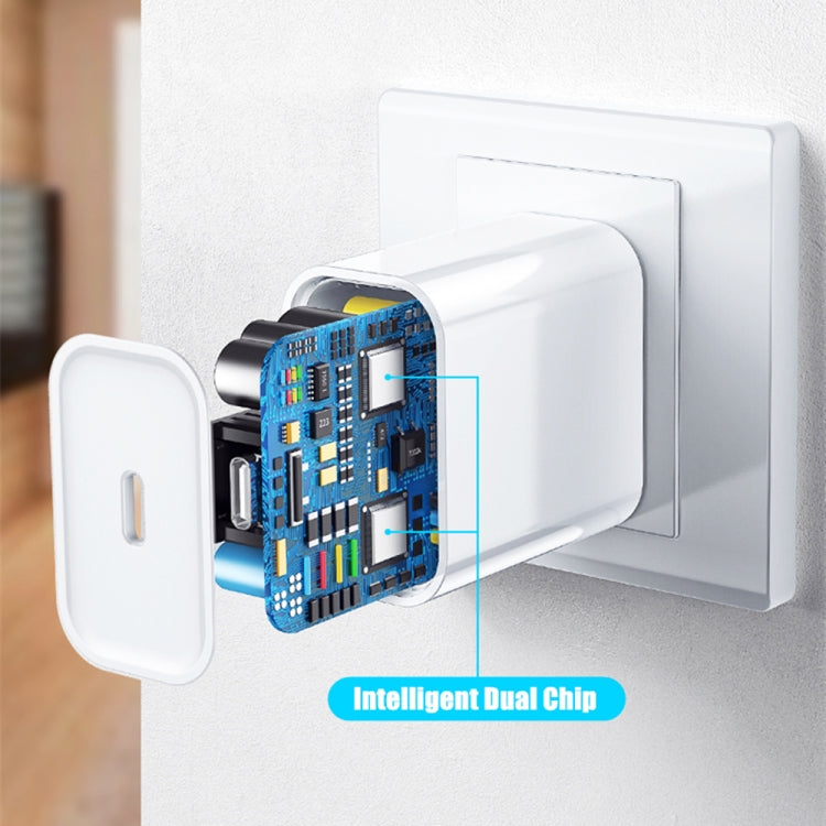 White EU plug charger with USB-C cable connecting to a wall outlet