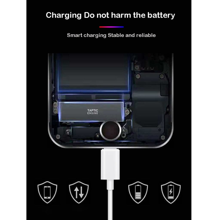 White USB-C charging cable with charging protection icons on black background