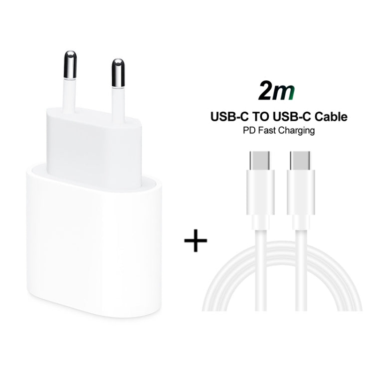 White EU travel charger with 2m USB-C to USB-C fast charging cable