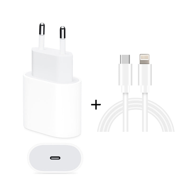 White EU plug travel charger with USB-C cable set and 8-pin connector cables