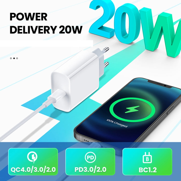 White 20W USB-C travel charger with attached charging cable
