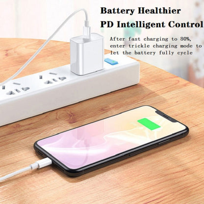 USB-C travel charger on a power strip charging a smartphone