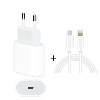 White EU travel power adapter with USB-C port and USB-C to 8-pin cable set