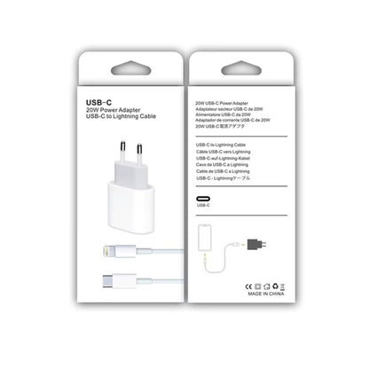 20W USB-C power adapter and USB-C to Lightning cable set on retail packaging