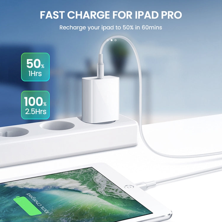 White EU USB-C PD charger and cable charging a tablet on a white stand