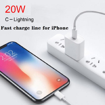 White EU charger with USB-C to 8-pin cable plugged into a smartphone