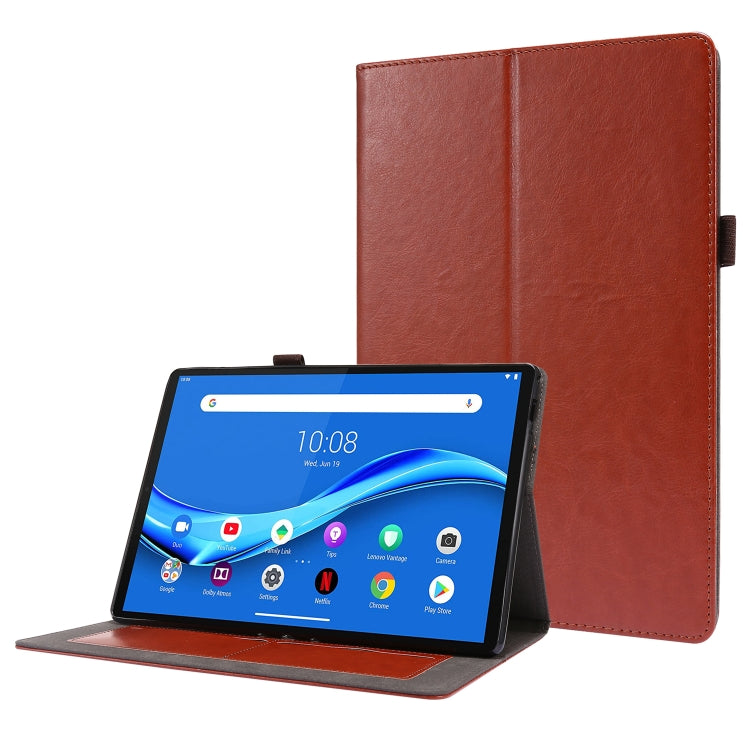Brown PU leather flip case with stand, cover open showing tablet screen