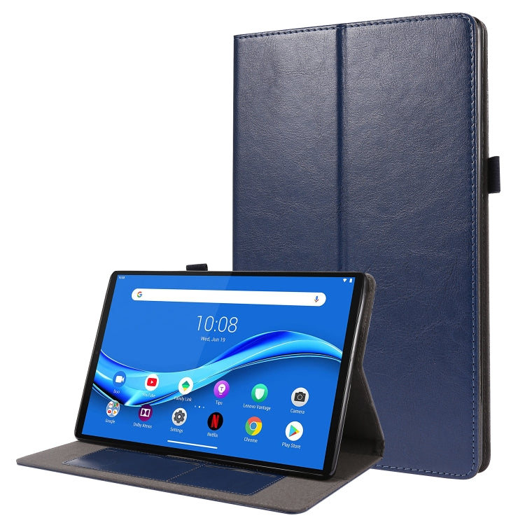 Deep blue PU leather flip case with stand, cover open showing tablet screen