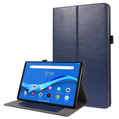 Deep blue PU leather flip case with stand, cover open showing tablet screen