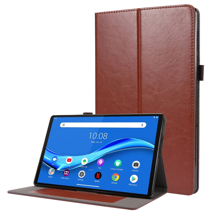 Tan brown PU leather flip case with stand, cover open showing tablet screen