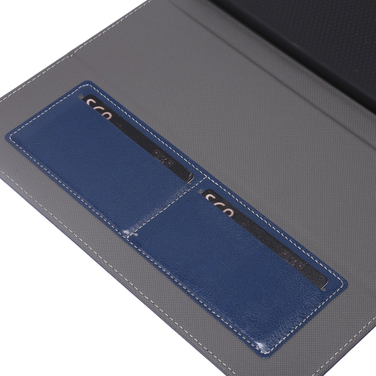 Gray PU leather lining with blue card slots inside tablet case