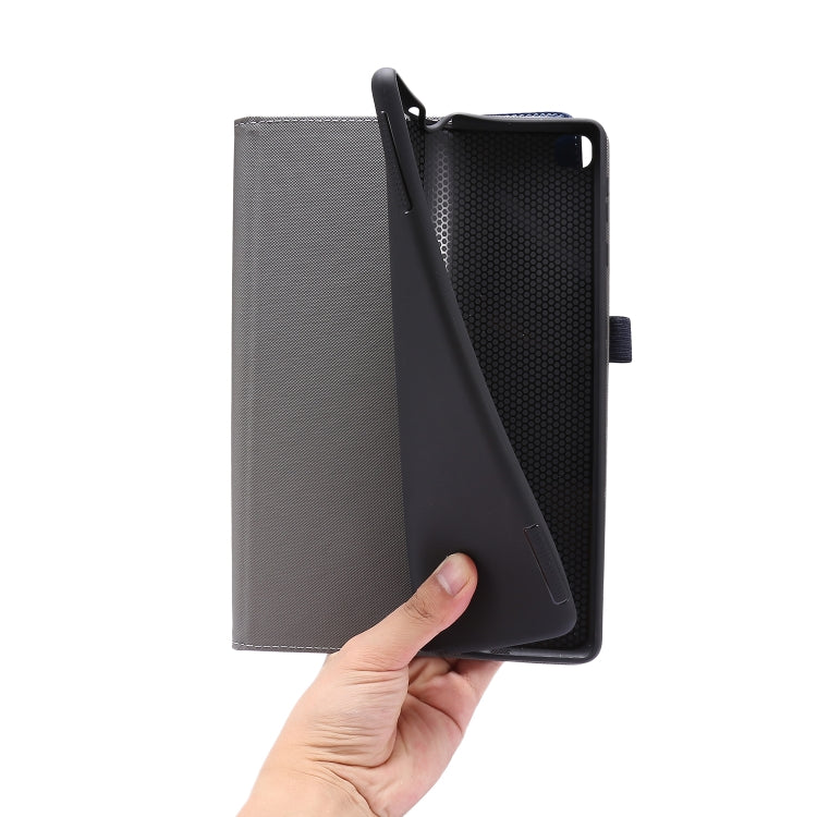Gray PU leather folio tablet case with textured back and hand grip