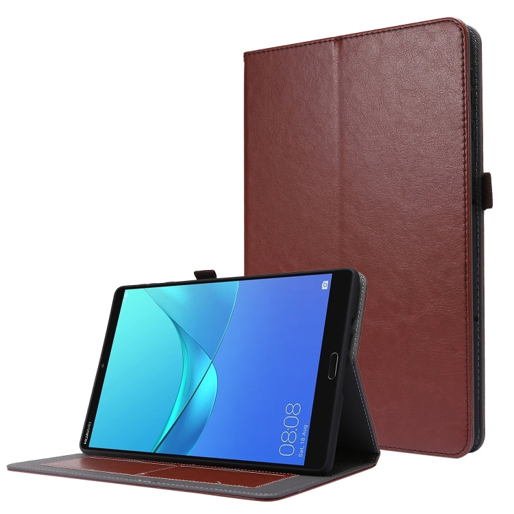 Brown PU leather flip case with card slots and stand for tablet, horizontal viewing.