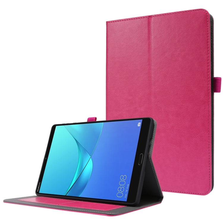 Pink PU leather flip case with card slots and stand for tablet, horizontal viewing.