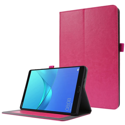 Pink PU leather flip case with card slots and stand for tablet, horizontal viewing.