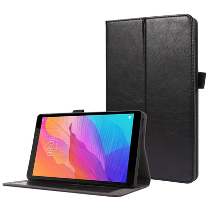 Black PU leather flip case with card slots and stand for tablet, horizontal viewing.