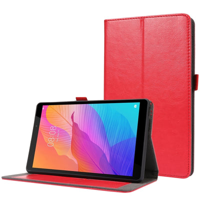 Red PU leather flip case with card slots and stand for tablet, horizontal viewing.