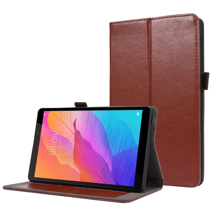 Tan/brown PU leather flip case with card slots and stand for tablet, horizontal viewing.