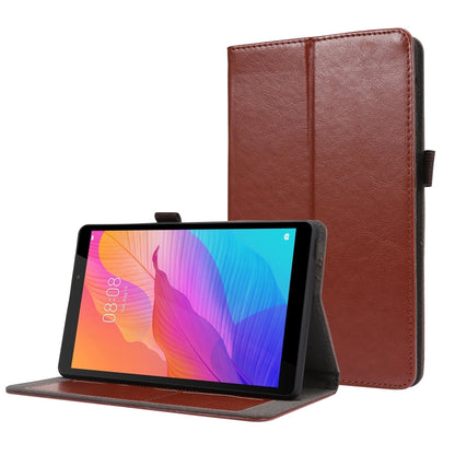 Tan/brown PU leather flip case with card slots and stand for tablet, horizontal viewing.