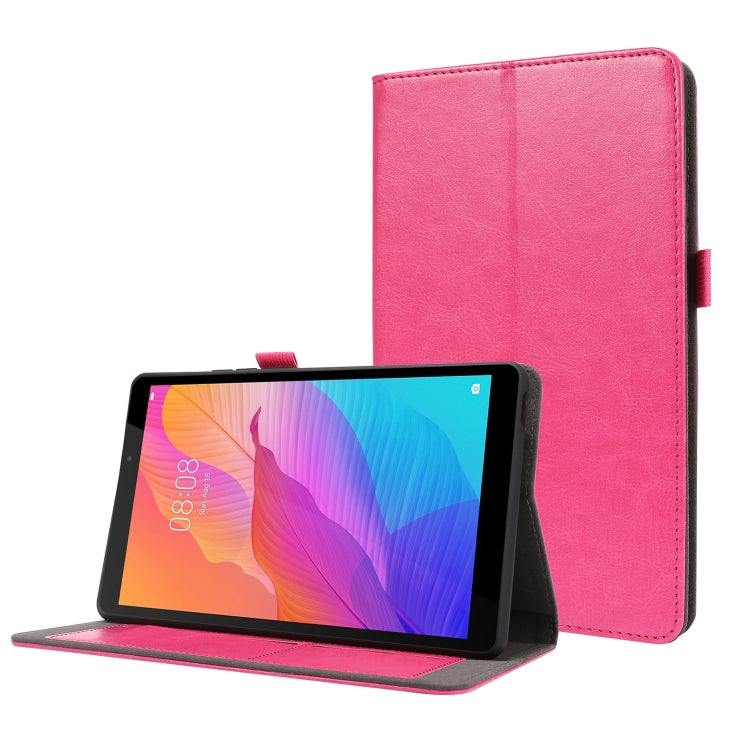 Rose pink PU leather flip case with card slots and stand for tablet, horizontal viewing.