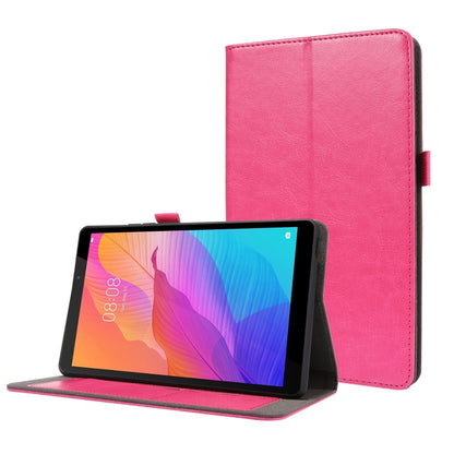 Rose pink PU leather flip case with card slots and stand for tablet, horizontal viewing.