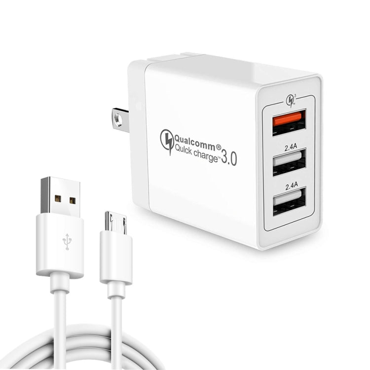 White dual-port USB wall charger with QC 3.0 and 2.4A output, US plug