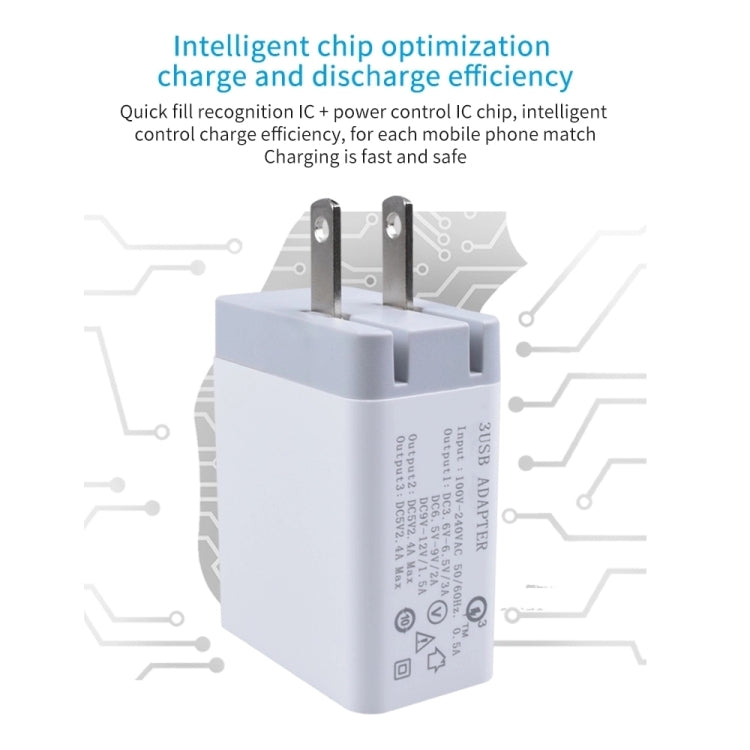 White USB charger with exposed internal circuitry detail, US plug