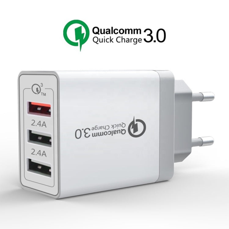White dual-port USB wall charger with Qualcomm Quick Charge 3.0 and EU plug