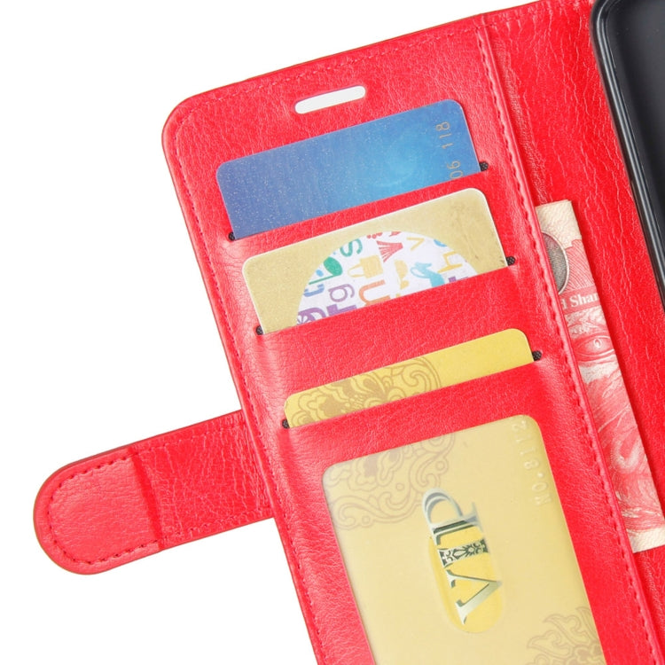 Red leather-look flip case with multiple card slots and pull tab wallet interior