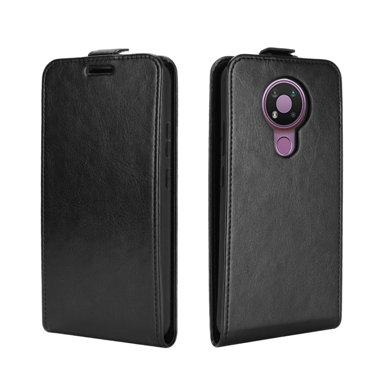 Black leather flip phone case, front and back views with camera cutout
